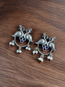 Antique Oxidised Peacock Stud Earrings | Unique Silver Replica Earring - Color: "Blue"