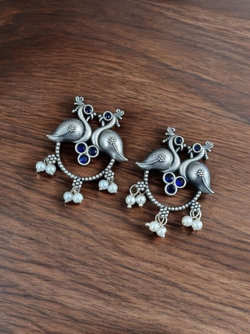 Antique Oxidised Peacock Stud Earrings | Unique Silver Replica Earring