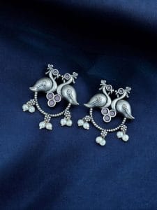 Antique Oxidised Peacock Stud Earrings | Unique Silver Replica Earring - Color: "Babypink"