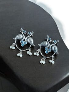 Antique Oxidised Peacock Stud Earrings | Unique Silver Replica Earring - Color: "Aqua"