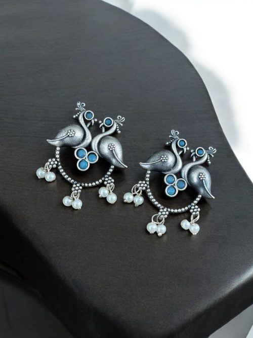 Antique Oxidised Peacock Stud Earrings | Unique Silver Replica Earring
