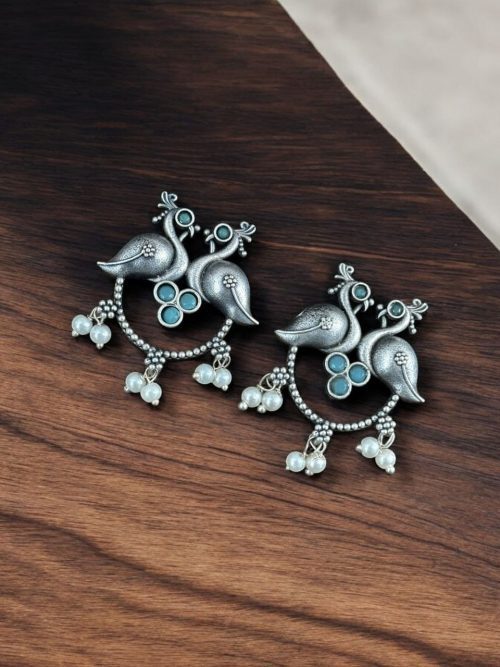 Antique Oxidised Peacock Stud Earrings | Unique Silver Replica Earring