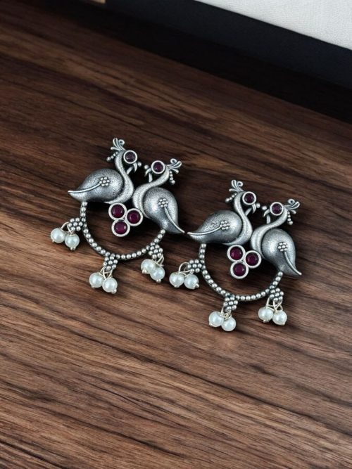 Antique Oxidised Peacock Stud Earrings | Unique Silver Replica Earring