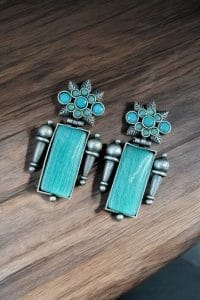 Silver Replica Monalisa Stone Earrings | Adorable Oxidised Antique Stones Studs - Color: "Mint"