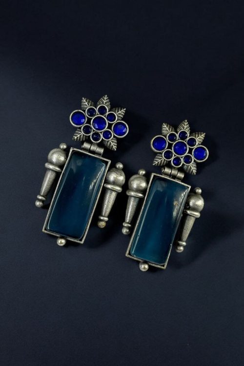 Silver Replica Monalisa Stone Earrings | Adorable Oxidised Antique Stones Studs