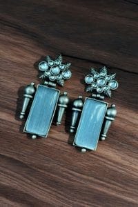 Silver Replica Monalisa Stone Earrings | Adorable Oxidised Antique Stones Studs - Color: "Grey"