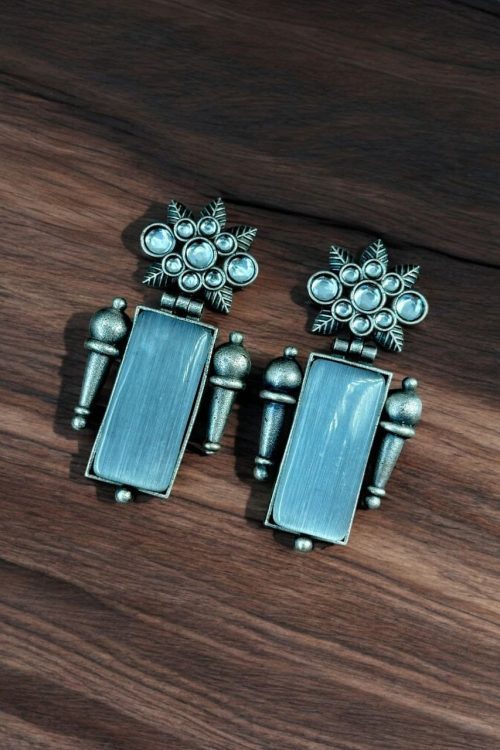 Silver Replica Monalisa Stone Earrings | Adorable Oxidised Antique Stones Studs