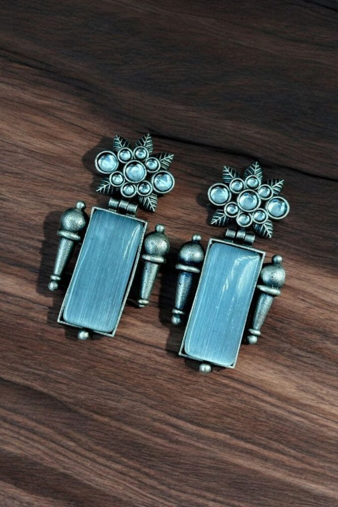 Bulk 638 Silver Replica Monalisa Stone Earrings | Adorable Oxidised Antique Stones Studs - "Grey"