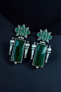 Silver Replica Monalisa Stone Earrings | Adorable Oxidised Antique Stones Studs - Color: "Green"