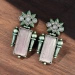 Silver Replica Monalisa Stone Earrings | Adorable Oxidised Antique Stones Studs - "Babypink"