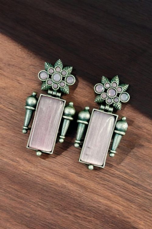 Silver Replica Monalisa Stone Earrings | Adorable Oxidised Antique Stones Studs