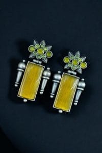 Silver Replica Monalisa Stone Earrings | Adorable Oxidised Antique Stones Studs - Color: "Yellow"