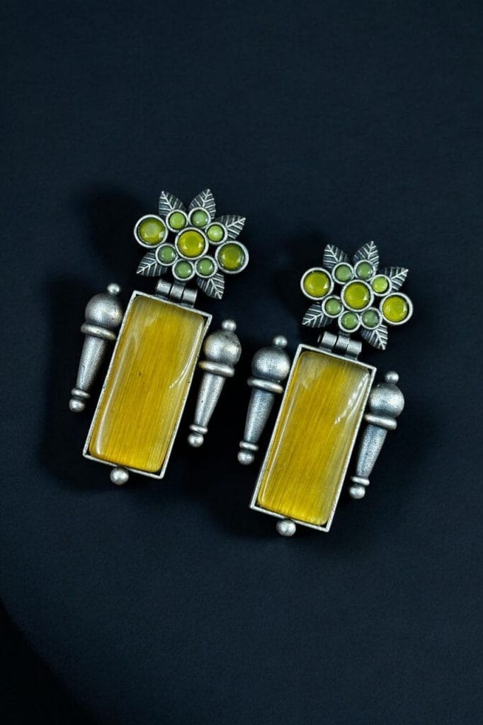 Bulk 632 Silver Replica Monalisa Stone Earrings | Adorable Oxidised Antique Stones Studs - "Yellow"