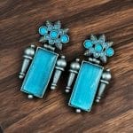 Silver Replica Monalisa Stone Earrings | Adorable Oxidised Antique Stones Studs - "Aqua"