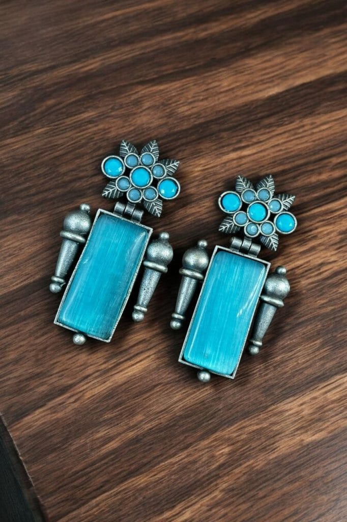 Bulk 630 Silver Replica Monalisa Stone Earrings | Adorable Oxidised Antique Stones Studs - "Aqua"