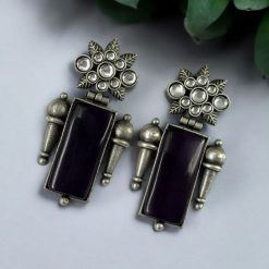 Silver Replica Monalisa Stone Earrings | Adorable Oxidised Antique Stones Studs
