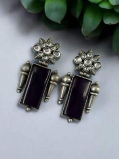 Silver Replica Monalisa Stone Earrings | Adorable Oxidised Antique Stones Studs