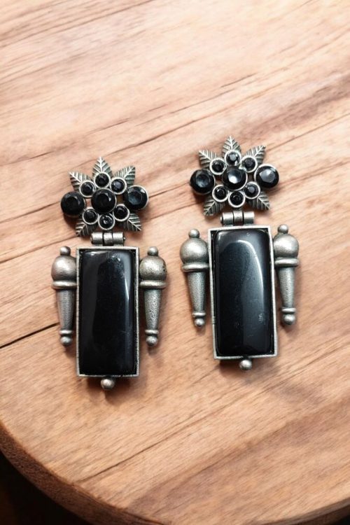 Silver Replica Monalisa Stone Earrings | Adorable Oxidised Antique Stones Studs