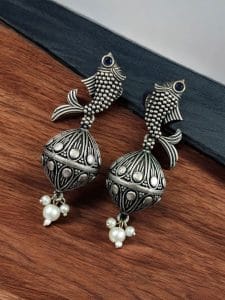 Silver Look a Like Fish Earrings | Designer Best Jhumki | imitation Oxidised Fish Jhumkas - Color: "Blue"