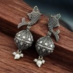 Silver Look a Like Fish Earrings | Designer Best Jhumki | imitation Oxidised Fish Jhumkas - "Aqua"