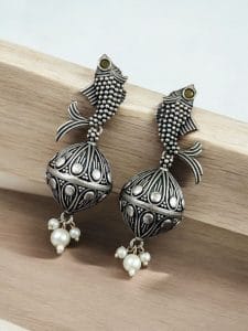 Silver Look a Like Fish Earrings | Designer Best Jhumki | imitation Oxidised Fish Jhumkas - Color: "Yellow"