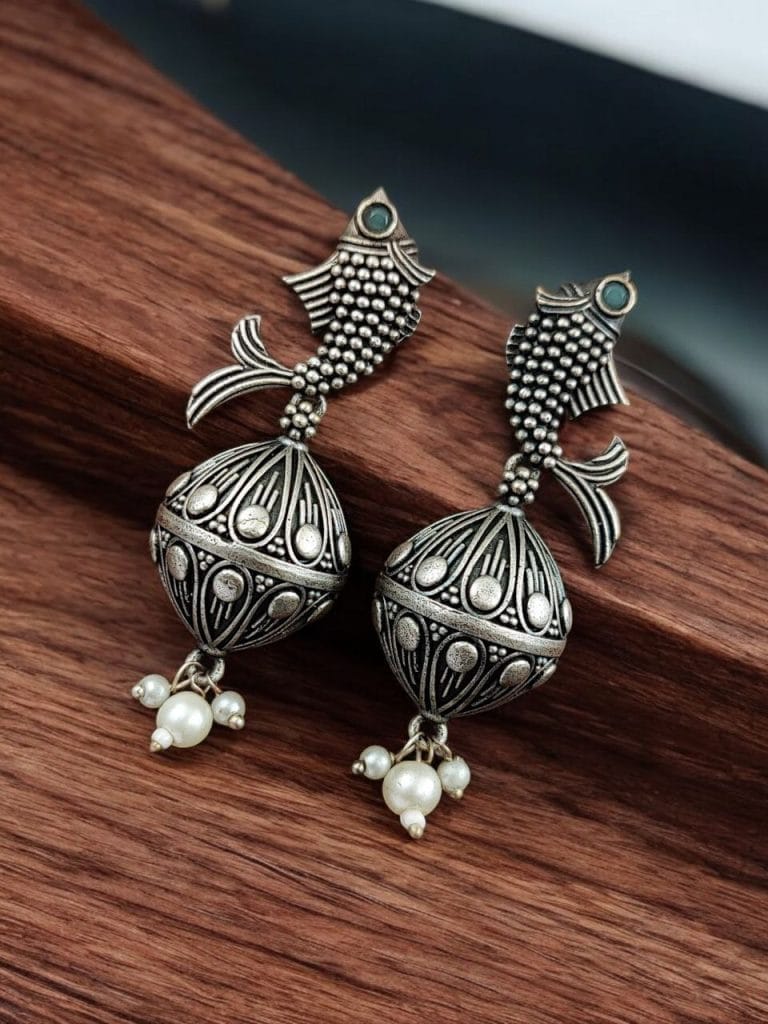 Bulk 626 Silver Look a Like Fish Earrings | Designer Best Jhumki | imitation Oxidised Fish Jhumkas - "Aqua"