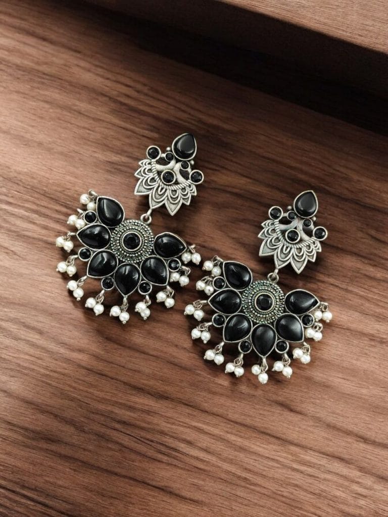 Bulk 618 Oxidised Peacock Stud Stone Earrings | Best Dangler Silver Look a Like Jewelry - "Black"