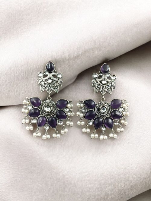 Oxidised Peacock Stud Stone Earrings | Best Dangler Silver Look a Like Jewelry