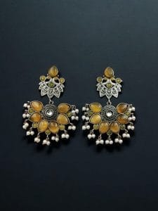Oxidised Peacock Stud Stone Earrings | Best Dangler Silver Look a Like Jewelry - Color: "Yellow"