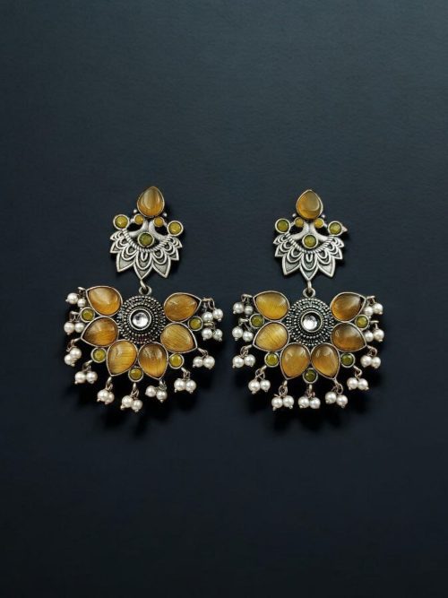 Oxidised Peacock Stud Stone Earrings | Best Dangler Silver Look a Like Jewelry