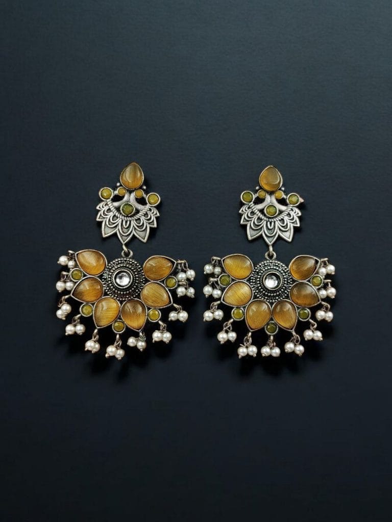 Bulk 610 Oxidised Peacock Stud Stone Earrings | Best Dangler Silver Look a Like Jewelry - "Yellow"