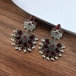 Oxidised Peacock Stud Stone Earrings | Best Dangler Silver Look a Like Jewelry - "Pink"