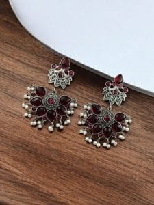 Oxidised Peacock Stud Stone Earrings | Best Dangler Silver Look a Like Jewelry - Color: "Pink"