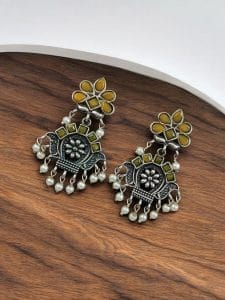 Oxidised Silver Replica Earrings | Unique Light Weighted Party wear Dangler Bali For Girls - Color: "Yellow"