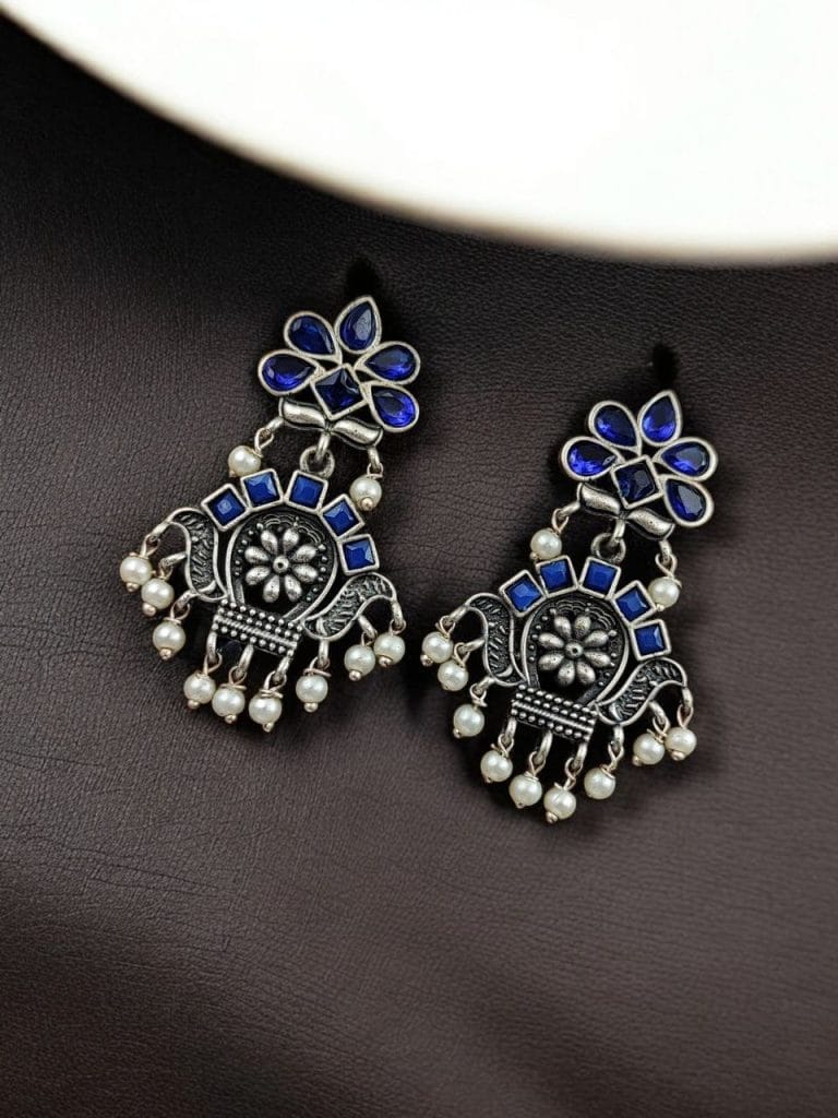 Bulk 602 Oxidised Silver Replica Earrings | Unique Light Weighted Party wear Dangler Bali For Girls - "Blue"