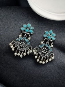Oxidised Silver Replica Earrings | Unique Light Weighted Party wear Dangler Bali For Girls - Color: "Aqua"