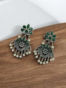 Oxidised Silver Replica Earrings | Unique Light Weighted Party wear Dangler Bali For Girls - Color: "Green"