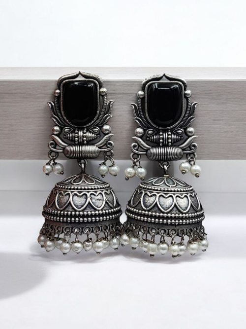 Silver Look Jhumka Earrings | Adorable Traditional Jhumki With Stone & Pearl Work