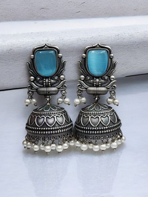Silver Look Jhumka Earrings | Adorable Traditional Jhumki With Stone & Pearl Work