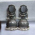 Silver Look Jhumka Earrings | Adorable Traditional Jhumki With Stone & Pearl Work - "Grey"