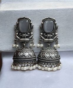 Silver Look Jhumka Earrings | Adorable Traditional Jhumki With Stone & Pearl Work