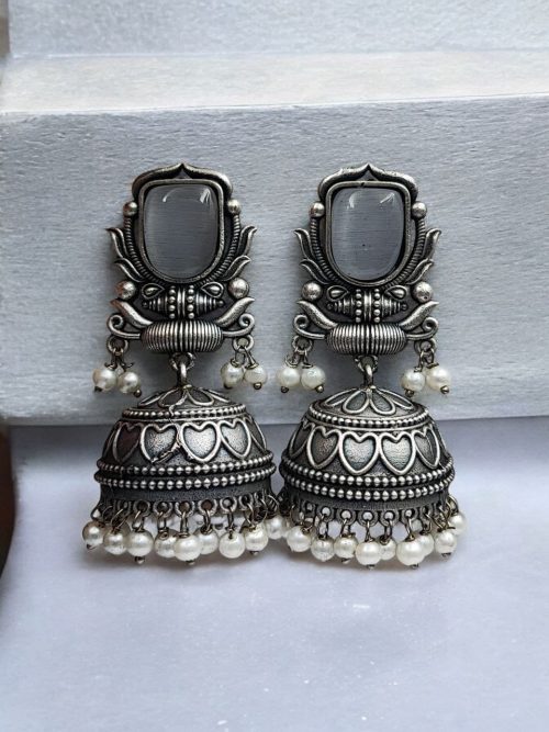 Silver Look Jhumka Earrings | Adorable Traditional Jhumki With Stone & Pearl Work