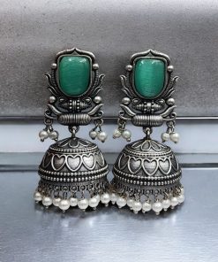 Silver Look Jhumka Earrings | Adorable Traditional Jhumki With Stone & Pearl Work