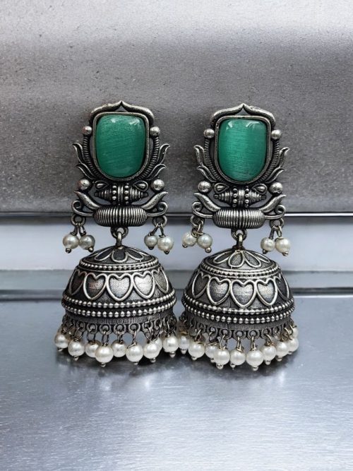 Silver Look Jhumka Earrings | Adorable Traditional Jhumki With Stone & Pearl Work