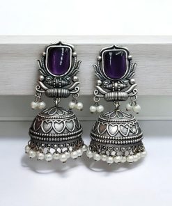 Silver Look Jhumka Earrings | Adorable Traditional Jhumki With Stone & Pearl Work