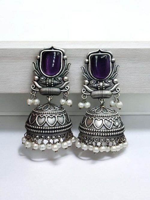 Silver Look Jhumka Earrings | Adorable Traditional Jhumki With Stone & Pearl Work