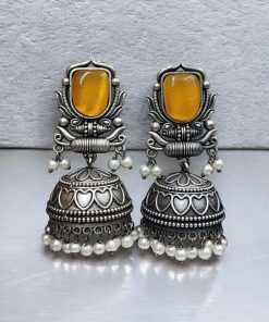 Silver Look Jhumka Earrings | Adorable Traditional Jhumki With Stone & Pearl Work