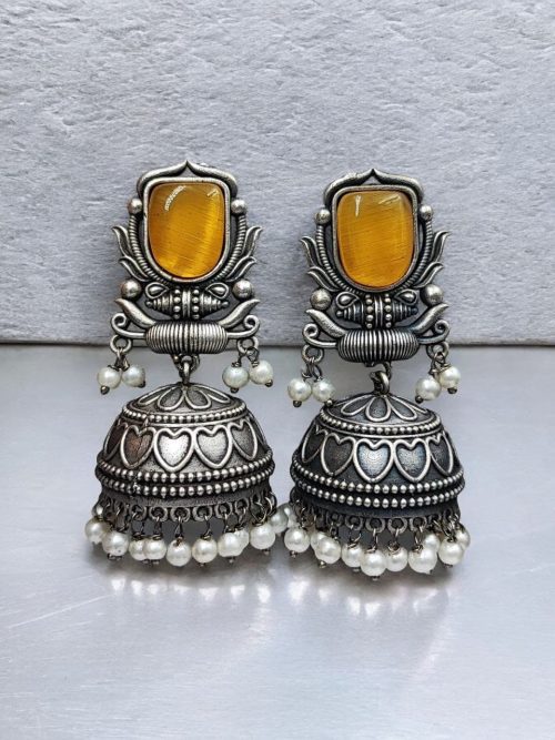 Silver Look Jhumka Earrings | Adorable Traditional Jhumki With Stone & Pearl Work