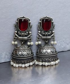 Silver Look Jhumka Earrings | Adorable Traditional Jhumki With Stone & Pearl Work