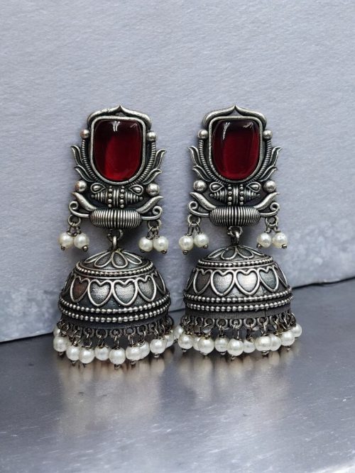 Silver Look Jhumka Earrings | Adorable Traditional Jhumki With Stone & Pearl Work